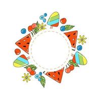 Cute summer sticker with fruits and berries, ice cream and place for text. Round frame with hand drawn doodle elements - watermelon, cherry, blueberry, flowers vector