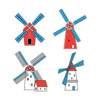 Set of cute vector windmills isolated on white background