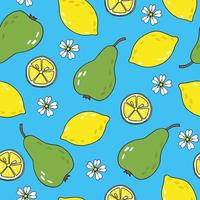 Cute summer pattern with doodle fruits - pears and lemons on blue background vector