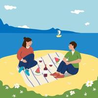 la familia joven tiene una cita con un picnic en el vector de la playa