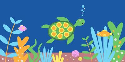 Cute sea turtle swimming on the coral reef vector illustration