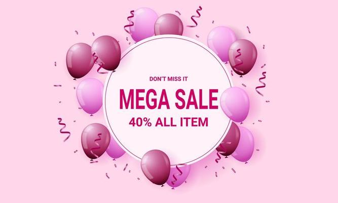 Modern sale background with pink and purple balloon and confetti.