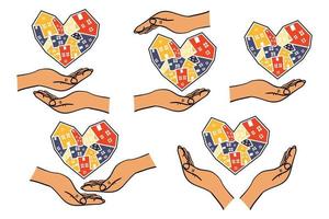 Set of human hands holding a heart made of houses. Concept about home care. Vector illustration.