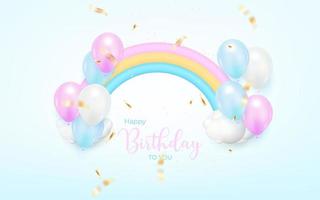 diseño de fondo de feliz cumpleaños para tarjeta de felicitación. banner de cumpleaños con globo realista, arco iris, confeti. vector