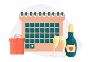 calendario con una fecha importante de celebración, año nuevo, cumpleaños, evento. ilustración linda simple vectorial. un juego festivo de copas de vino espumoso, una botella de champán, una caja de regalo. vector