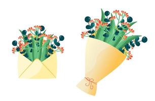 mujeres felices el 8 de marzo. linda postal, sobre de póster con un ramo de flores y estrellas. composición de primavera, felicitaciones a las madres. ilustración vectorial sobre un delicado fondo verde. vector