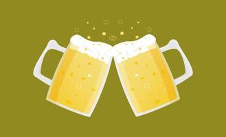 Glass beer mugs with light wheat beer. Foam and bubbles pour over the edge. Vector simple cartoon illustration for the design of Oktoberfest, bar, pub, restaurant, festival, icons, design, stickers.