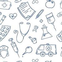 Hand drawnseamless pattern of daily necessities. Medical and health care items. Vector illustration. Health and Care. Design for clinics, hospitals, pharmacies, medical poster.