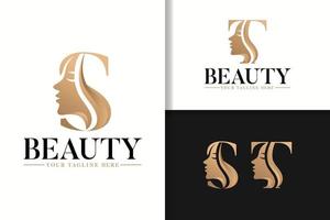 Feminine monogram logo with woman silhouette letter s and t