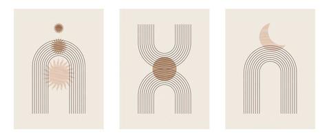 conjunto de impresión de arte minimalista moderno de mediados de siglo con forma natural orgánica. Fondo estético contemporáneo abstracto con línea negra geométrica mínima en beige. decoración de pared boho. vector