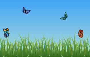 bonito paisaje de verano, un prado con hierba verde y coloridas mariposas contra un cielo azul. vector