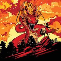 ilustración vectorial del guerrero espartano cara a cara con el dragón rojo
