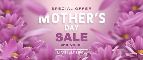 oferta especial. banner de venta del día de la madre con flores de crisantemo realistas y decoración de texto de descuento publicitario. ilustración vectorial vector