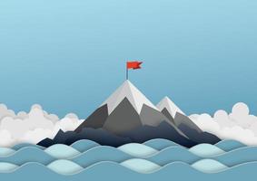 Business concept. Goal achievement, success, winning. Flag on the mountain peak. Vector illustration