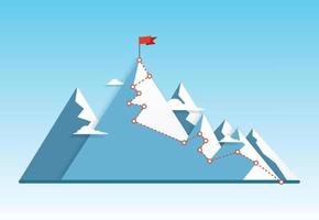 Business concept. Goal achievement, success, winning. Flag on the mountain peak. Vector illustration