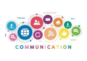 Vector illustration of a communication concept. The word communication with colorful dialog speech bubbles