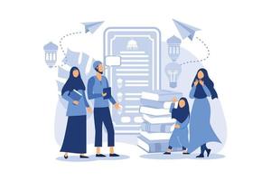 flat vector cartoon illustration ramadhan kareem. owner introduces the application of reading learning E-Quran online, women grateful and pray. hand holding phone concept. for banner, poster, UI, UX