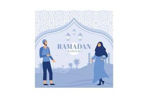 happy ramadan mubarak greeting concept with people character vector