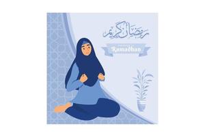 Feliz concepto de saludo de Ramadán Mubarak con carácter de personas para plantilla de página de destino web, banner, presentación, redes sociales y medios impresos. Ilustración de vector de diseño plano islámico eid fitr o adha.