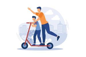 social emotional development flat modern design illustration. Young father teaching son to ride scooter. Parents teaching children concept.