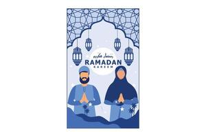 hermosos fondos para saludos de ramadán con un par de personajes musulmanes y texto de marhaban ya ramadhan significa bienvenido al mes de ramadán vector