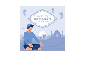 happy ramadan mubarak greeting concept with people character for web landing page template, banner, presentation, social, and print media. islamic eid fitr or adha flat design vector illustration.