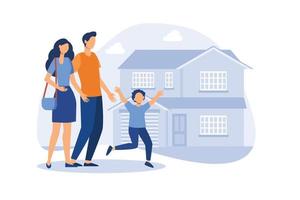 Parents rejoice with their children stand next to a new house, mortgage for a young family on real estate, investment in housing, vector illustration