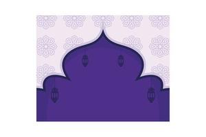 Ramadan Kareem greeting card decorated with arabic lanterns, crescent moon and calligraphy inscription which means ''Ramadan Kareem'' on purple background. Realistic style. Vector Illustration