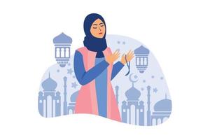Muslim woman praying while holding rosary beads. Ramadan kareem flat cartoon character illustration