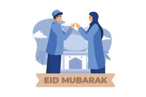 Feliz concepto de saludo de Ramadán Mubarak con carácter de personas para plantilla de página de destino web, banner, presentación, redes sociales y medios impresos. Ilustración de vector de diseño plano islámico eid fitr o adha.