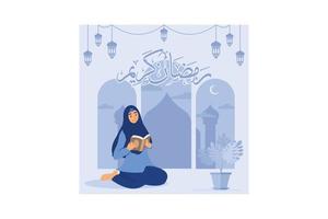 Reading the holy Quran flat design concept. Women reading the Quran in the month of Ramadan, Muslims reciting verses. Can use for web landing page, banner, ui. Vector Illustration