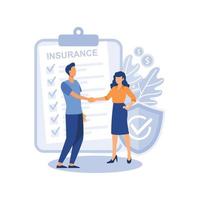 Male insurance broker is making a deal on meeting with client. Man and woman handshaking wearing formal clothes. Website, web page, landing page template. Flat cartoon vector illustration