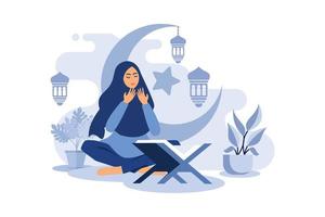 muslim women praying cartoon character illustration vector