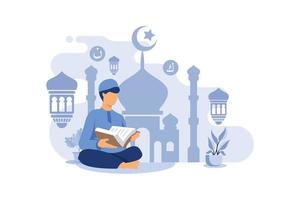 musulmanes leyendo y aprendiendo el concepto de diseño de libro sagrado islámico corán ilustración vectorial vector