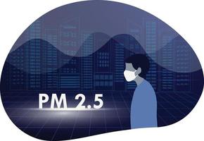 Man wearing protective mask with city buildings and smoke dusts floating in the air.  PM2.5 pollution protection concept vector illustration.