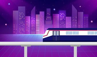 BTS Sky train in cityscape buildings at night vector Illustration. Transportation concept