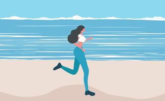 Beautiful woman running on beach. Healthy lifestyle workout vector illustration