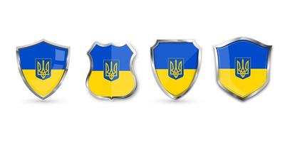 conjunto de escudo de metal con bandera ucraniana y escudo de armas de ucrania. bandera azul amarilla de ucrania con tridente. vector