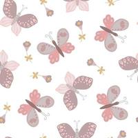 Fancy little pink butterfly, flower seamless pattern, simple flat vector illustration, symbol of Easter holidays, spring, summer celebration decor, ornament textile, springtime decoration, cute insect