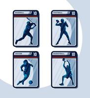 juego de cuatro tarjetas deportivas. béisbol, fútbol, fútbol y baloncesto. vector