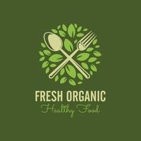 a logo image of a spoon and a fork with lots of leaves around it for fresh and healthy organic or natural food related icon vector