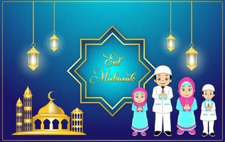 eid mubarak dibujos animados familia musulmana bendición eid al fitr con mezquita y linterna vector
