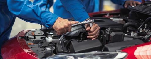 Banner of automobile mechanic man and team checking car damage broken part condition, diagnostic and repairing vehicle at garage automotive, motor technician maintenance after service concept photo