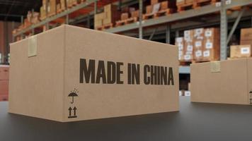 Boxes with MADE IN CHINA text on conveyor. 3d illustration photo