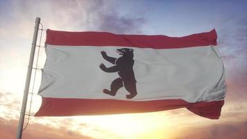 Berlin flag, Germany, waving in the wind, sky and sun background. 3d illustration photo