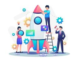 People are working together to build a rocket. Startup project development team. Start Your Business and teamwork concept. Flat style vector illustration