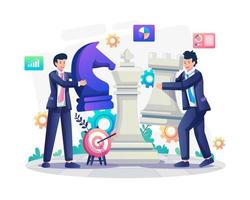 Business strategy concept with two businessmen holding chess pieces. entrepreneurship tactics and strategy. Flat style vector illustration