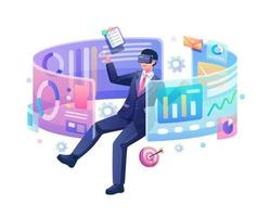 floating businessman wearing virtual reality glasses, touching and analyzing the business chart interface. Flat style vector illustration