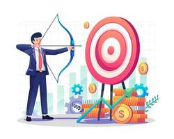 Businessman aiming target with bow and arrow archery to the target board. Business target and achievement concept. Flat style vector illustration