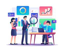 Business data analysis concept and monitoring financial investment report with businesspeople team working on graph screen dashboard. Flat style vector illustration